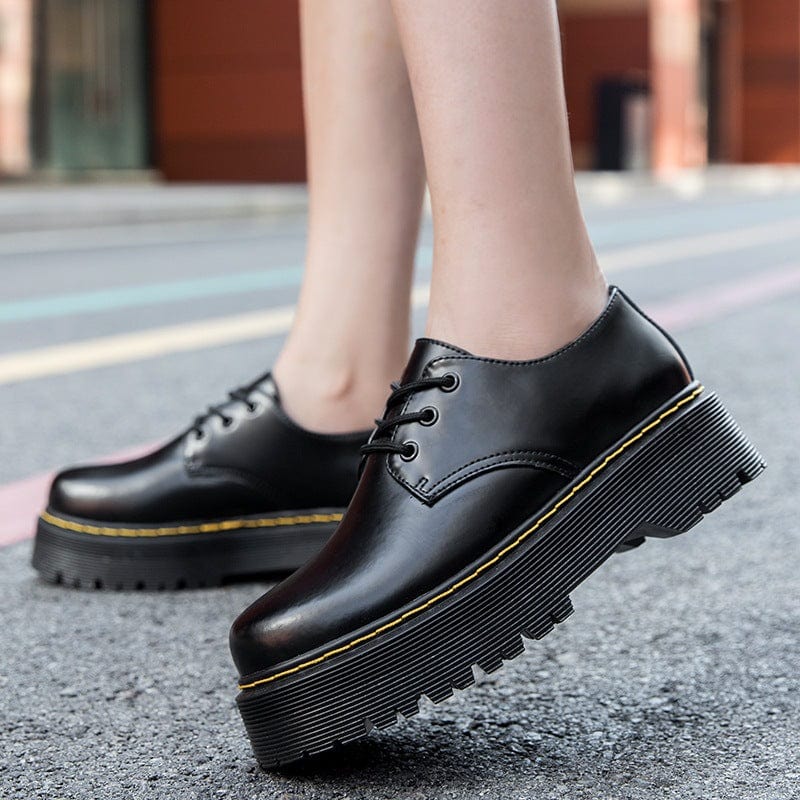 Women Leather lace-up Thick Bottom Flat Platform zapatillas mujer Black Spring Autumn Causal Shoes Flats Oxfords