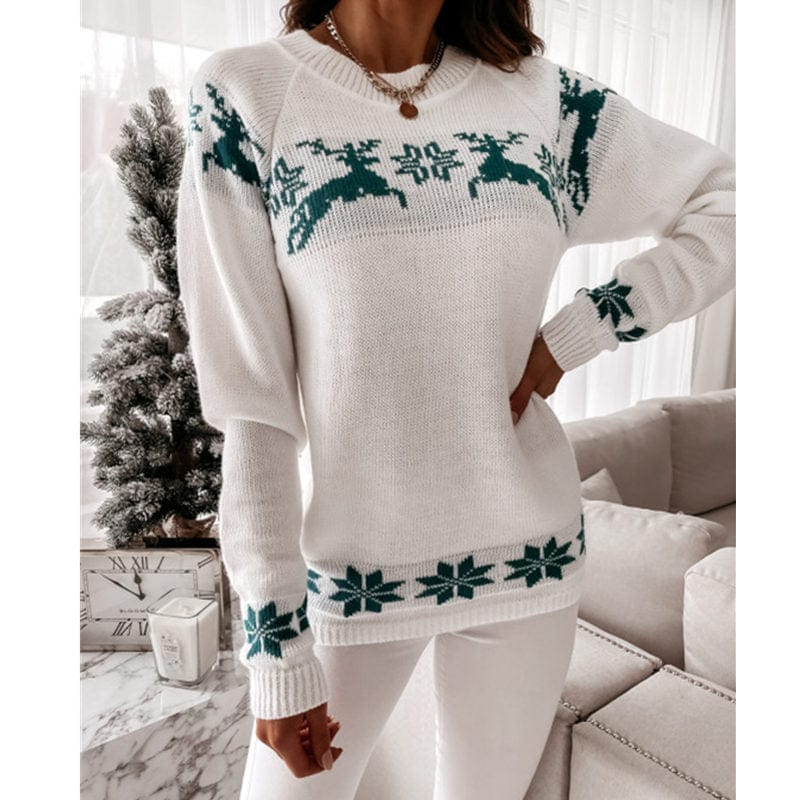 Women Sweater Long Sleeve Round Neck Elk Snowflake Print Pullover