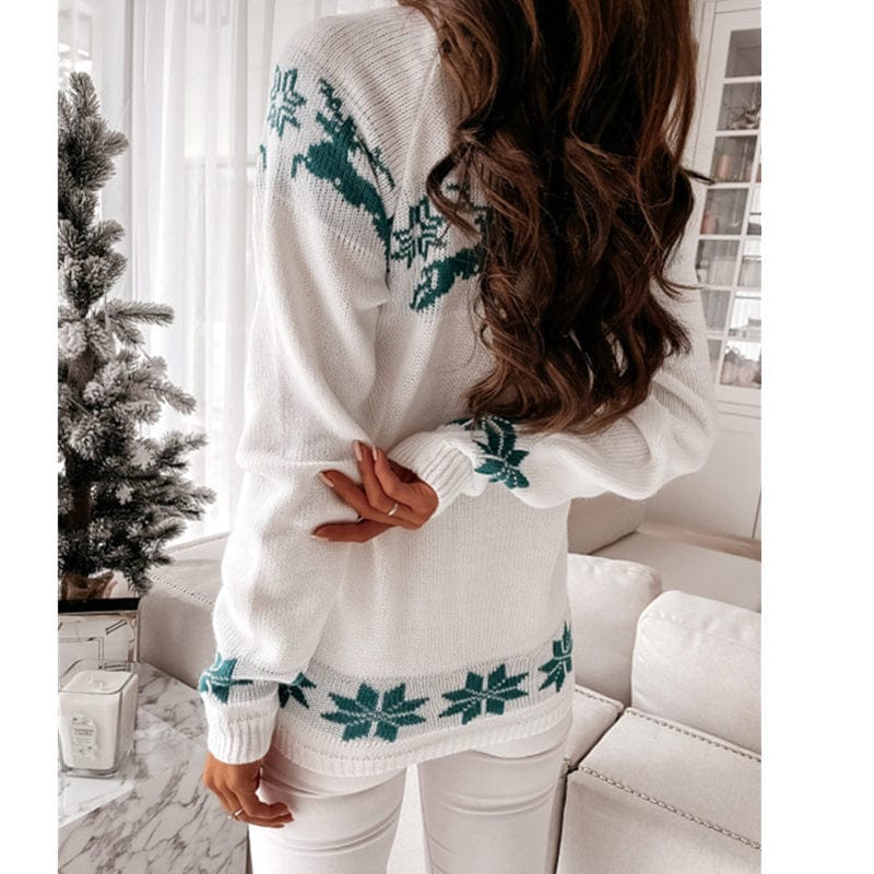 Women Sweater Long Sleeve Round Neck Elk Snowflake Print Pullover